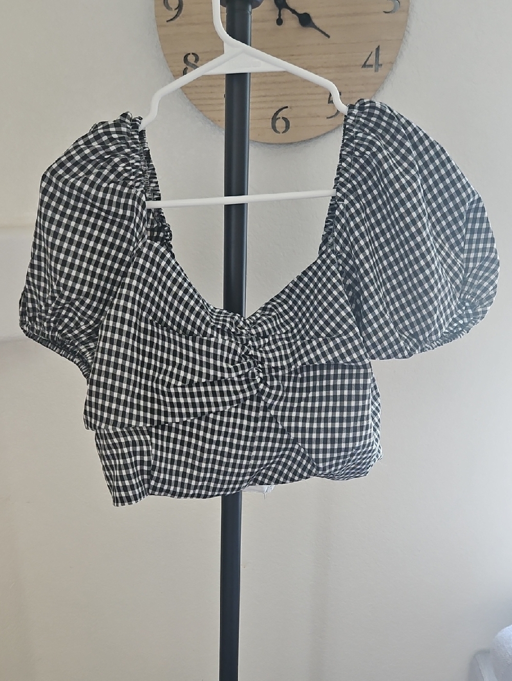 Pink Lily Black & White Gingham Puff Sleeve Crop Top